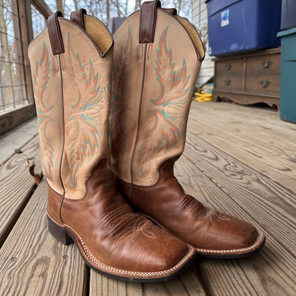 Justin Womens Western Cowboy Boots Tan Embroidered Leather Square Toe Size 7.5 B